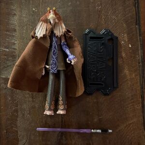 Star Wars Jar Jar Binks Action Figure with Brown Cloak and Purple Saber, Stand